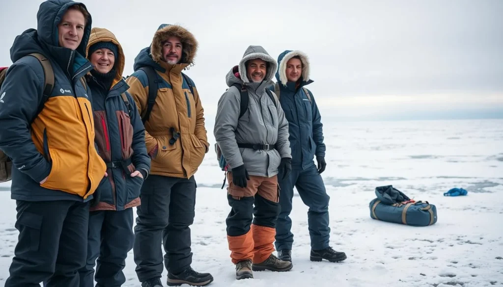 Travelers properly dressed for Chukotka weather in layers with appropriate outdoor gear Travelers properly dressed for Chukotka weather in layers with appropriate outdoor gear