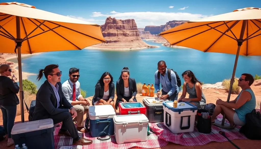 Travelers with proper beach gear including umbrellas, coolers, and water shoes at Antelope Point