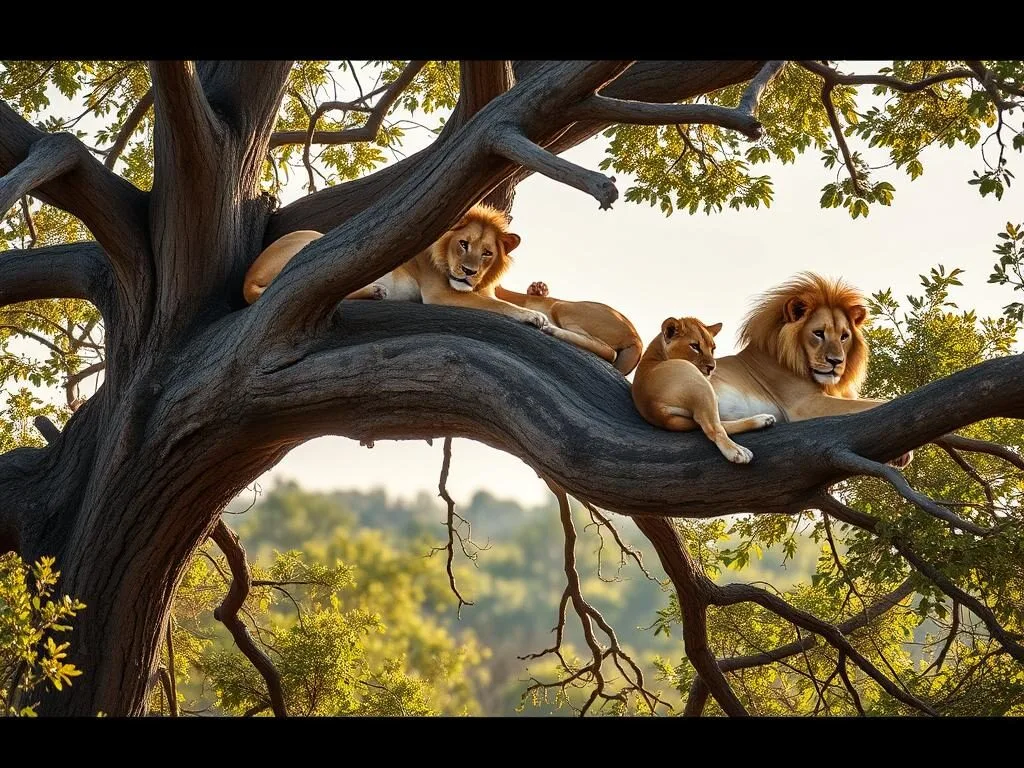 Tree-climbing lions in Ishasha sector of Queen Elizabeth National Park Uganda