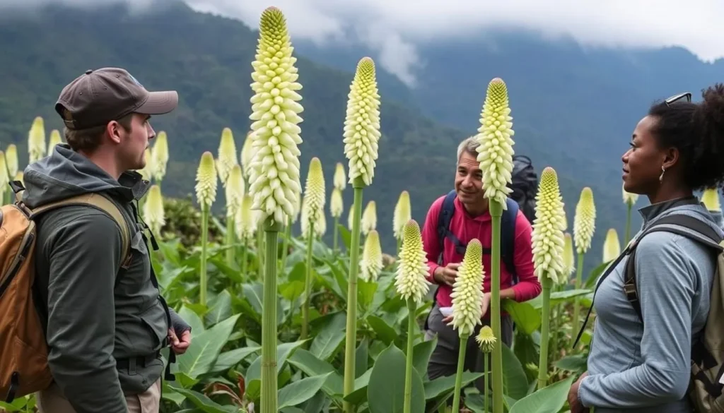 Trekkers admiring the giant lobelia plants in the Afro-Alpine zone of Rwenzori Mountains National Park