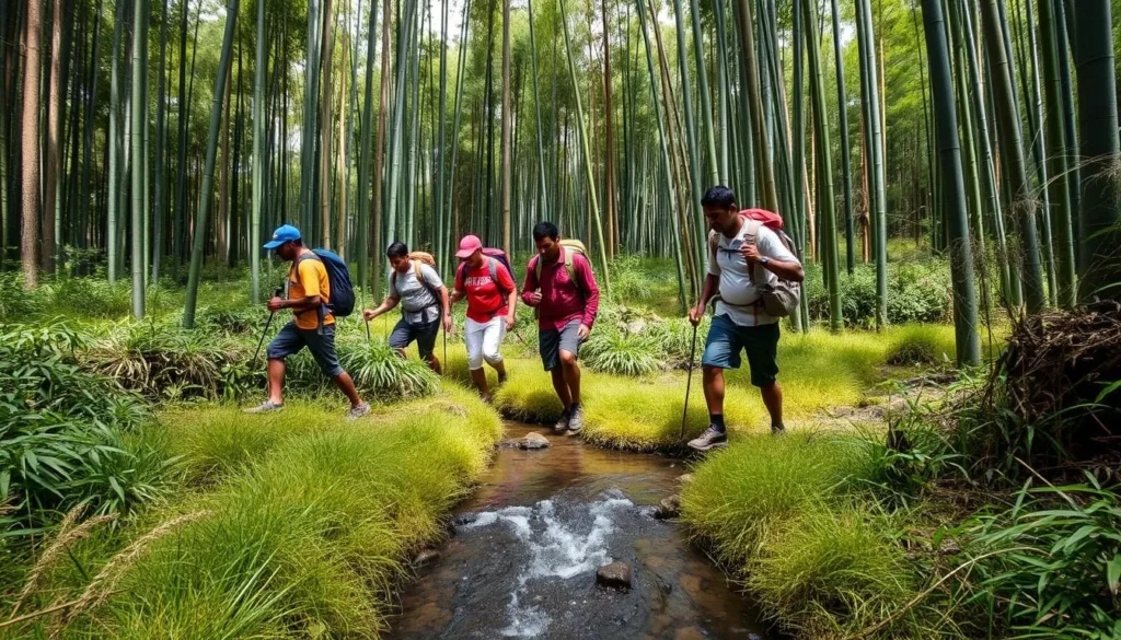 Trekkers crossing a small stream in the bamboo zone of the Rwenzori Mountains Trekkers crossing a small stream in the bamboo zone of the Rwenzori Mountains