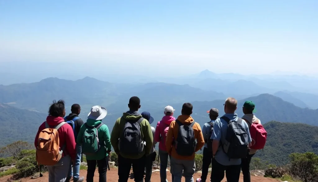 Trekkers enjoying the spectacular views from Mount Luigi di Savoia Trekkers enjoying the spectacular views from Mount Luigi di Savoia