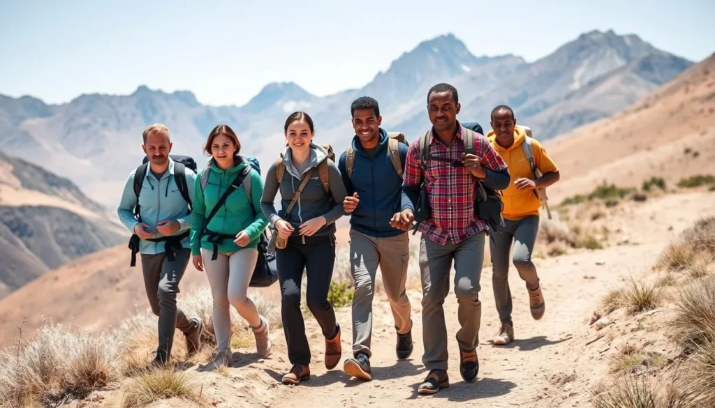 Trekkers hiking along a trail in Simien Mountains National Park Ethiopia with a local guide