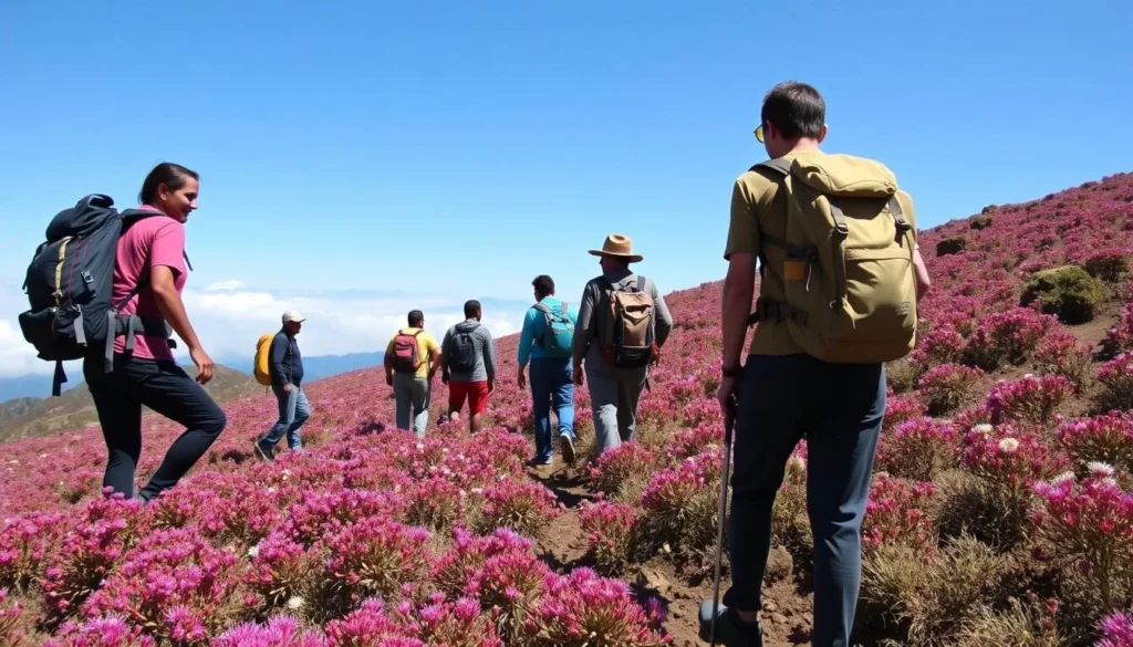 Trekkers hiking through the heather zone of Mount Luigi di Savoia during the dry season Trekkers hiking through the heather zone of Mount Luigi di Savoia during the dry season