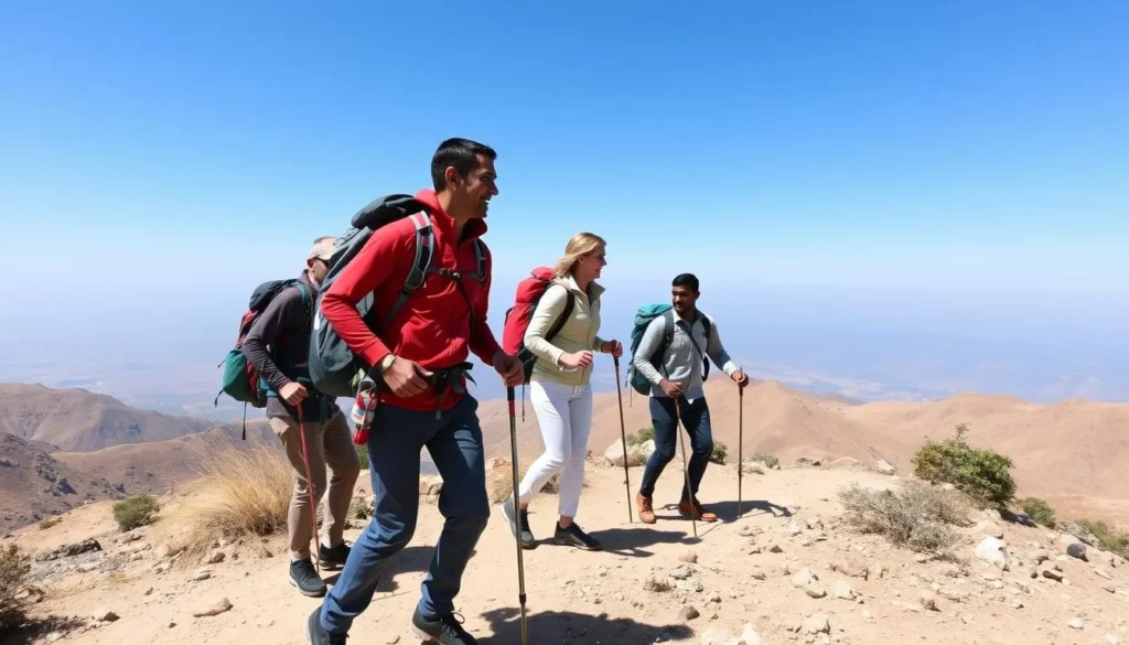 Trekkers on Mount Ras Dashen trail during the dry season with clear views of the mountain landscape