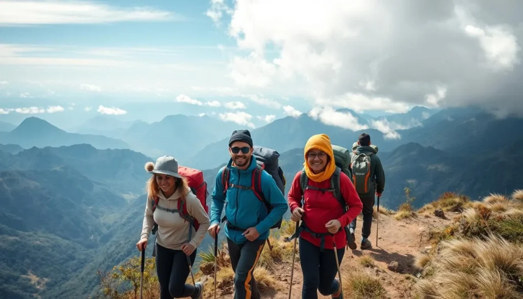Trekkers on the Central Circuit Trail in the Rwenzori Mountains with mountain views
