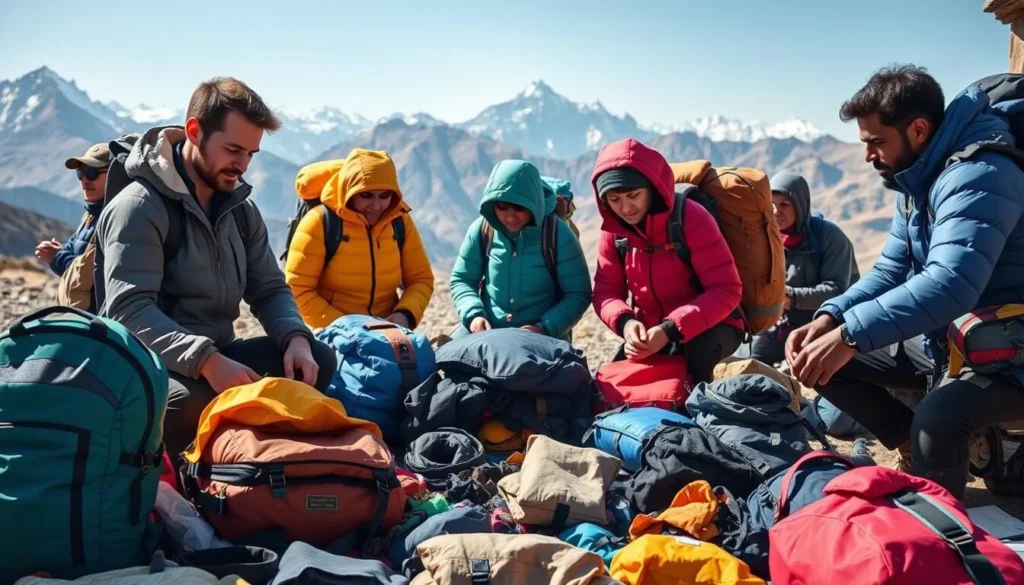 Trekkers preparing equipment and packing for Mount Ras Dashen expedition