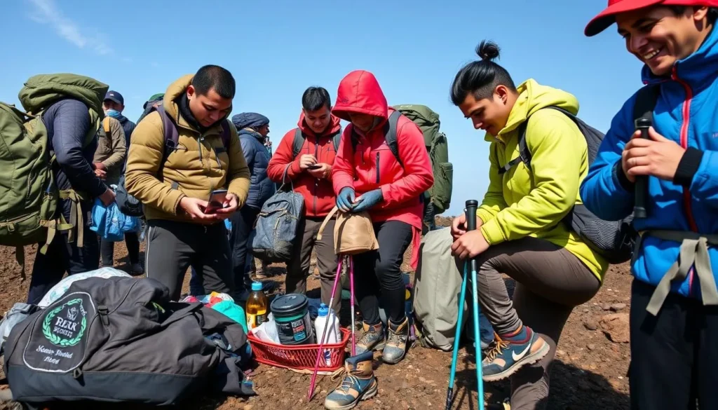 Trekkers preparing their gear and equipment before starting the Mount Roraima expedition Trekkers preparing their gear and equipment before starting the Mount Roraima expedition