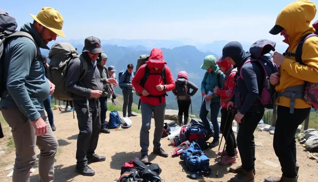 Trekkers preparing their gear before setting out on the Mount Luigi di Savoia trail Trekkers preparing their gear before setting out on the Mount Luigi di Savoia trail