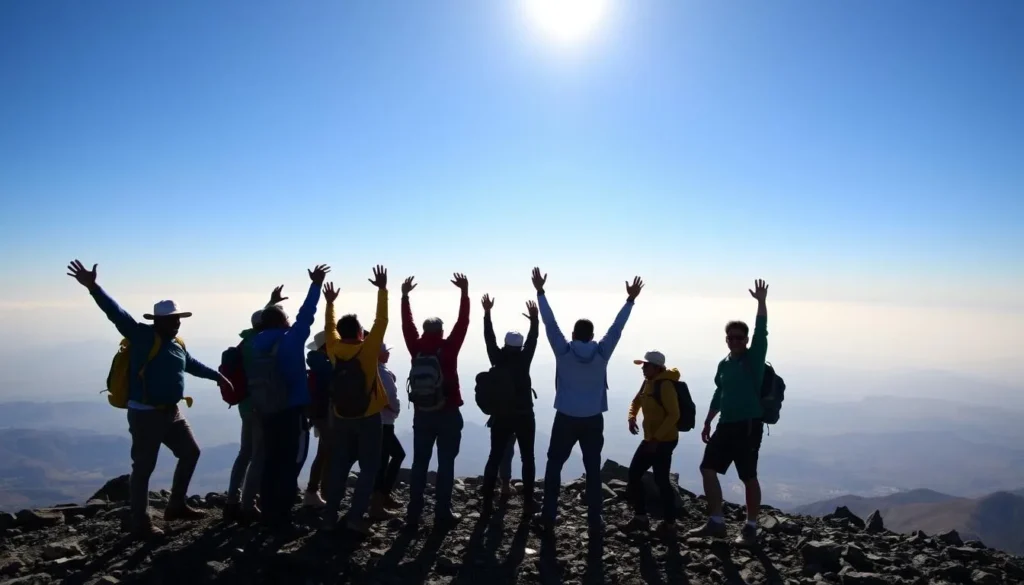 Trekkers reaching the summit of Mount Kadam with panoramic views