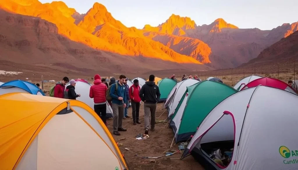 Trekkers setting up camp in Simien Mountains Ethiopia, demonstrating best practices for overnight stays