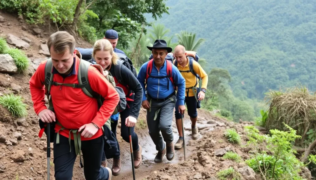 Trekkers with guides navigating a challenging section of trail in Rwenzori Mountains National Park