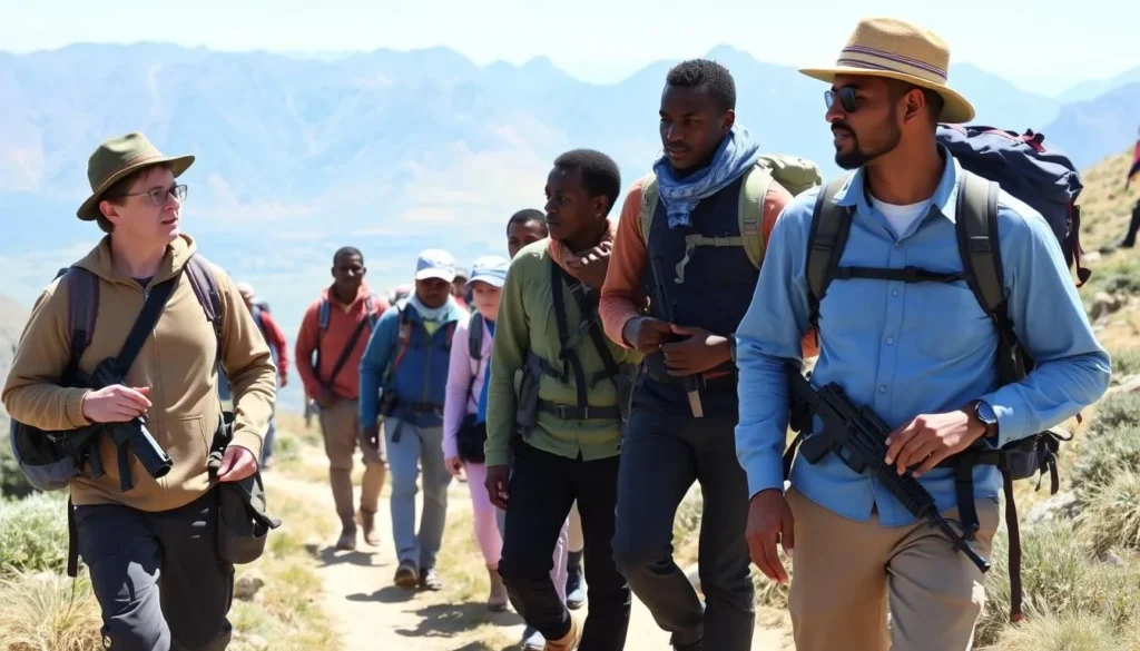 Trekkers with local guide and scout in Simien Mountains Ethiopia, following safety best practices