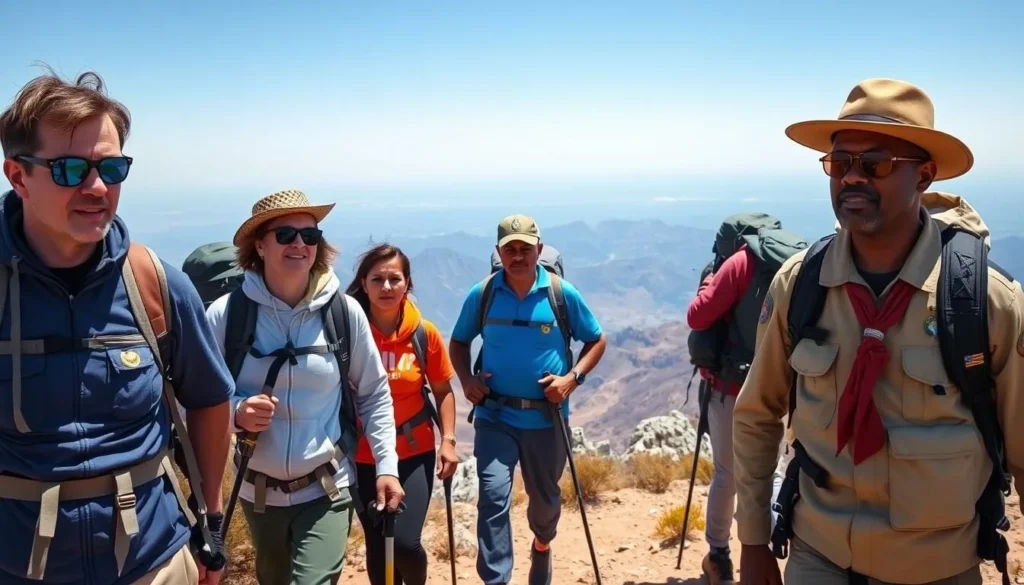 Trekkers with local guide and scout navigating the trails of Mount Ras Dashen