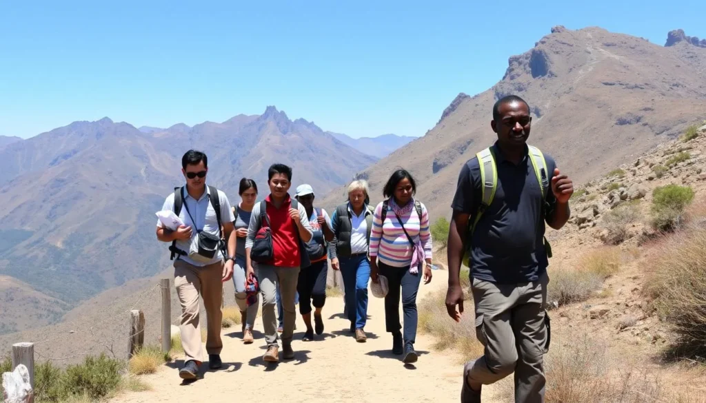 Trekkers with local guide exploring Simien Mountains Ethiopia trails, one of the best things to do in the region