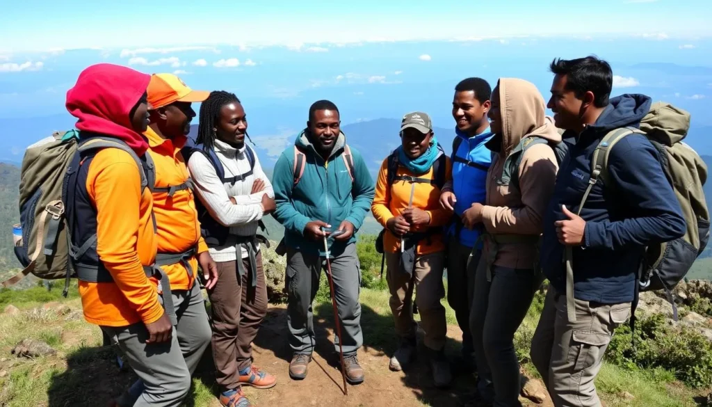 Trekkers with local guides on Mount Speke, Uganda