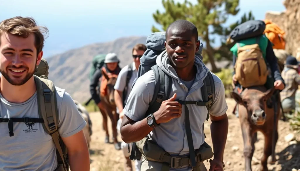 Trekkers with proper equipment hiking on Mount Abuna Yosef with pack animals carrying gear