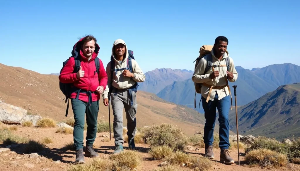 Trekkers with proper gear hiking in Simien Mountains National Park Ethiopia