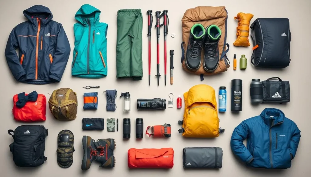 Trekking gear laid out for packing including waterproof clothing, hiking boots, and equipment for Rwenzori Mountains