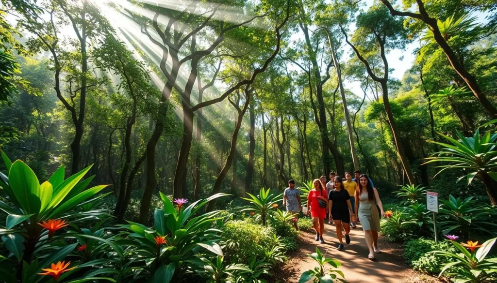 Tropical rainforest in Mount Kurupukari during the dry season with sunshine filtering through the canopy