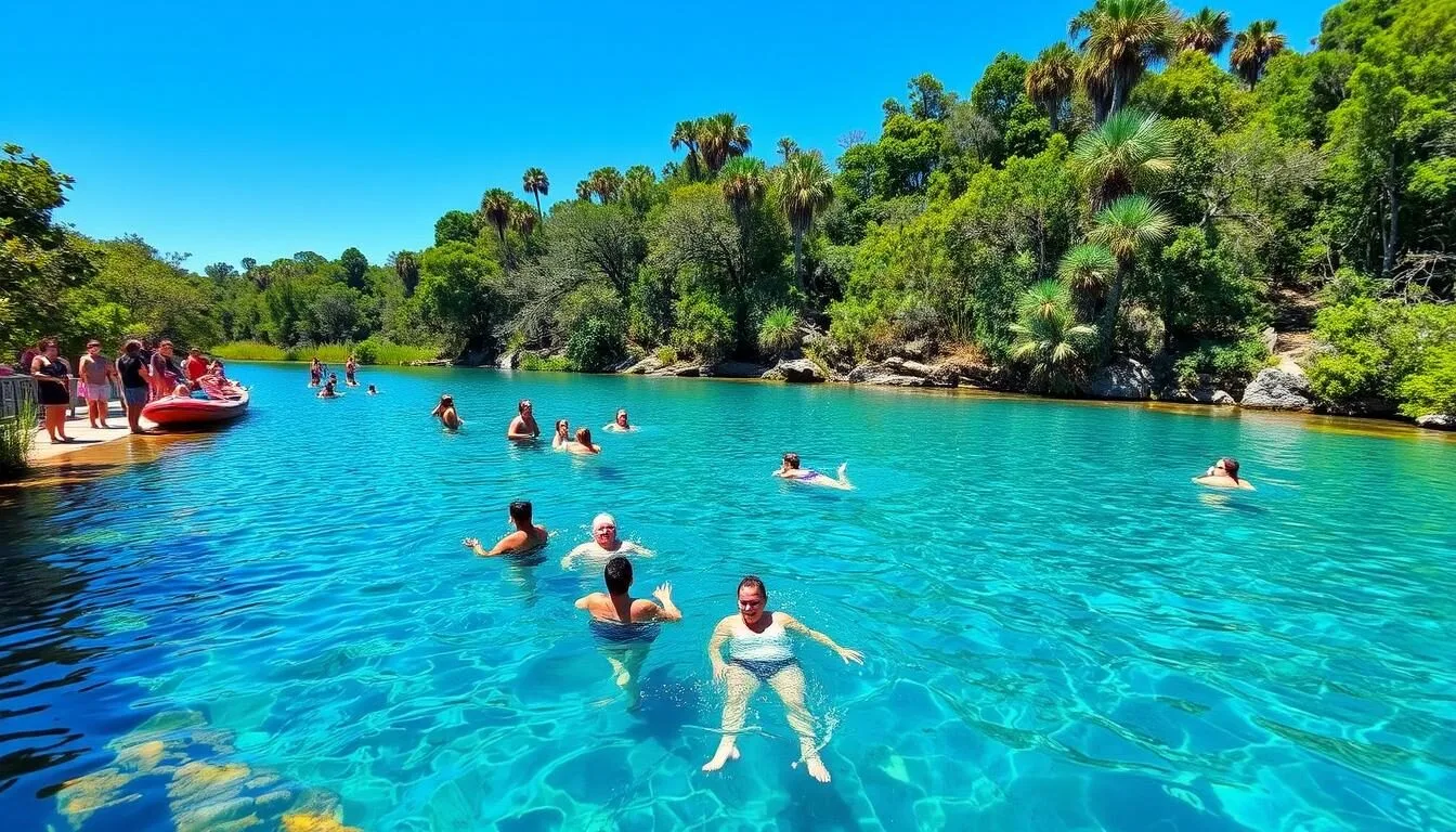 Troy-Spring-State-Park-in-summer-with-swimmers-enjoying-the-crystal-clear-blue-waters-under-a Troy Spring State Park in summer with swimmers enjoying the crystal clear blue waters under a bright sunny sky