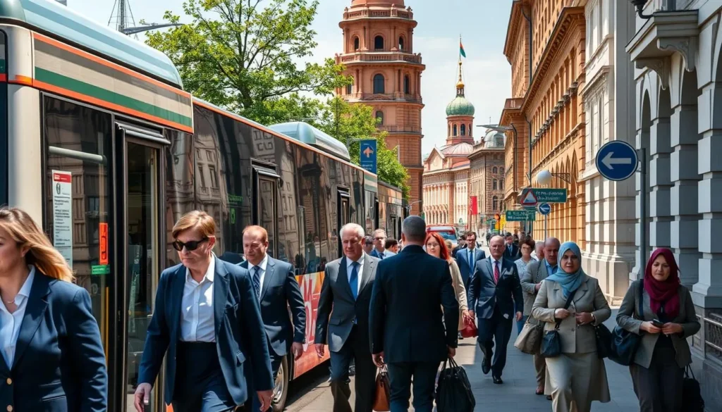 Tula city street with public transportation and pedestrians