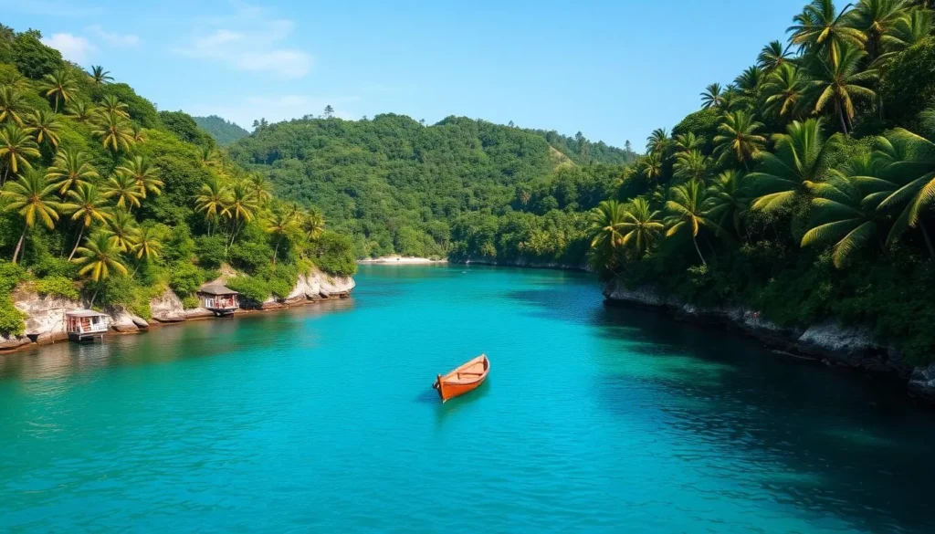 Turquoise waters of Bulae Cove on Sarangani Island surrounded by coconut trees