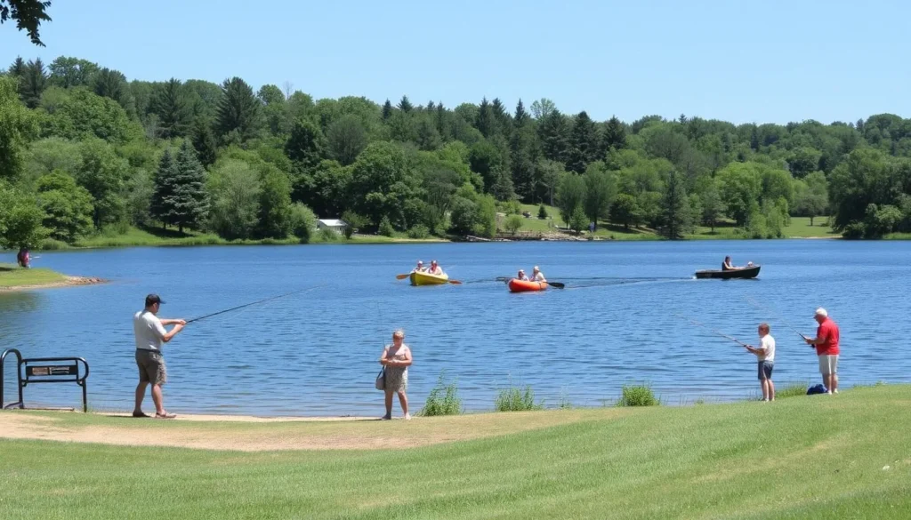 Twin Lakes Park in Hempfield Township Pennsylvania with people fishing and boating