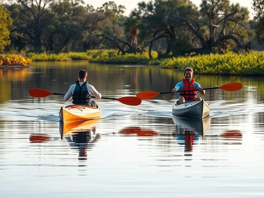 Two kayakers exploring Bayou Bienvenue Triangle waterways surrounded by cypress trees