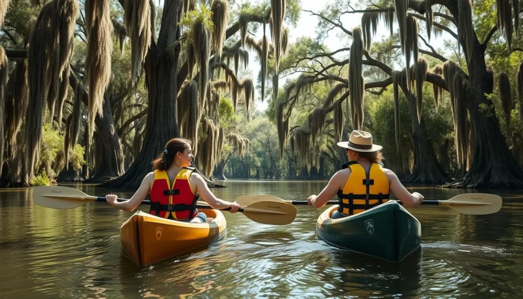 Two kayakers paddling through cypress trees on Caddo Lake with Spanish moss hanging overhead