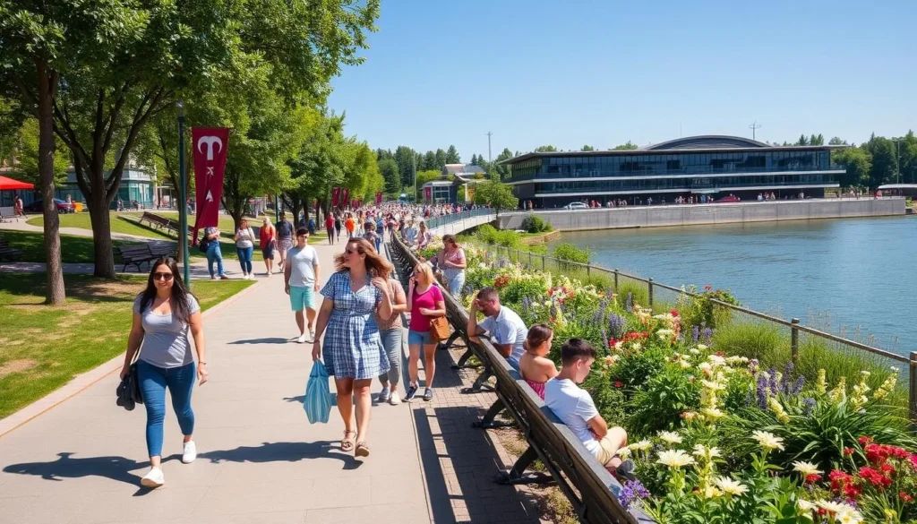 Tyumen in summer with people enjoying outdoor activities along the Tura River embankment