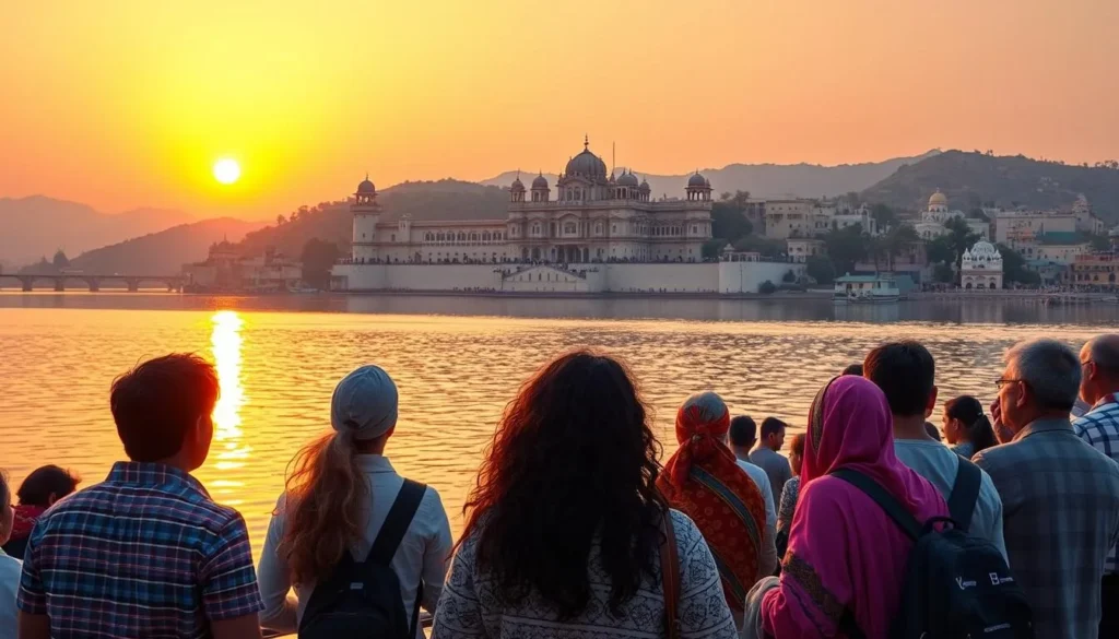 Udaipur palace and lake view during sunset in winter season showing perfect weather conditions