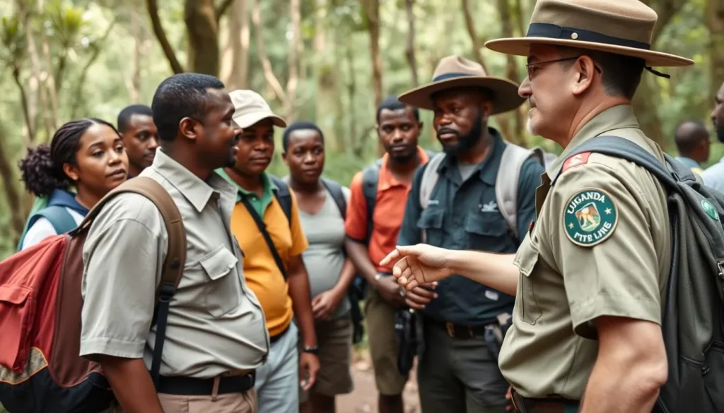 Uganda Wildlife Authority ranger guiding tourists through Mount Elgon National Park