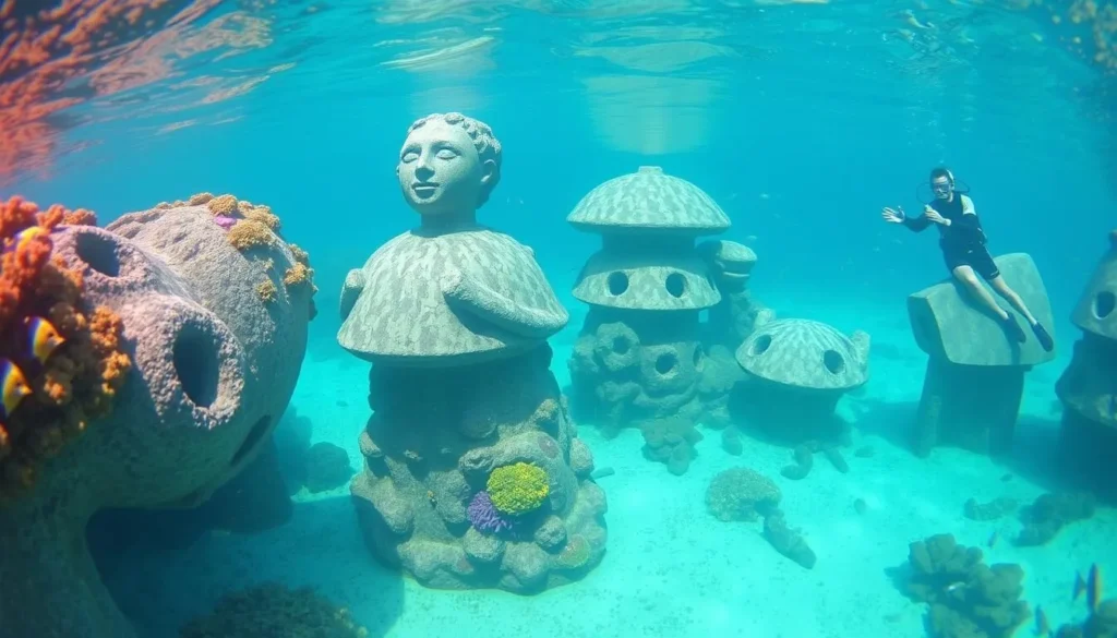 Underwater Sculpture Park in Grenada showing submerged concrete sculptures becoming artificial reefs Underwater Sculpture Park in Grenada showing submerged concrete sculptures becoming artificial reefs