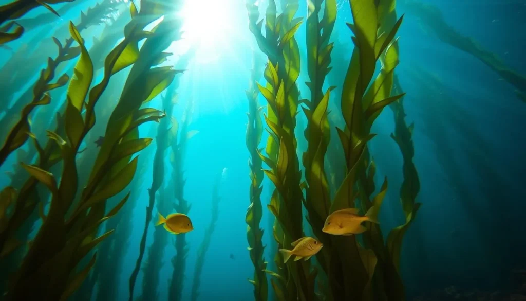 Underwater scene of a kelp forest around San Clemente Island with sunlight filtering through and colorful fish swimming among the kelp