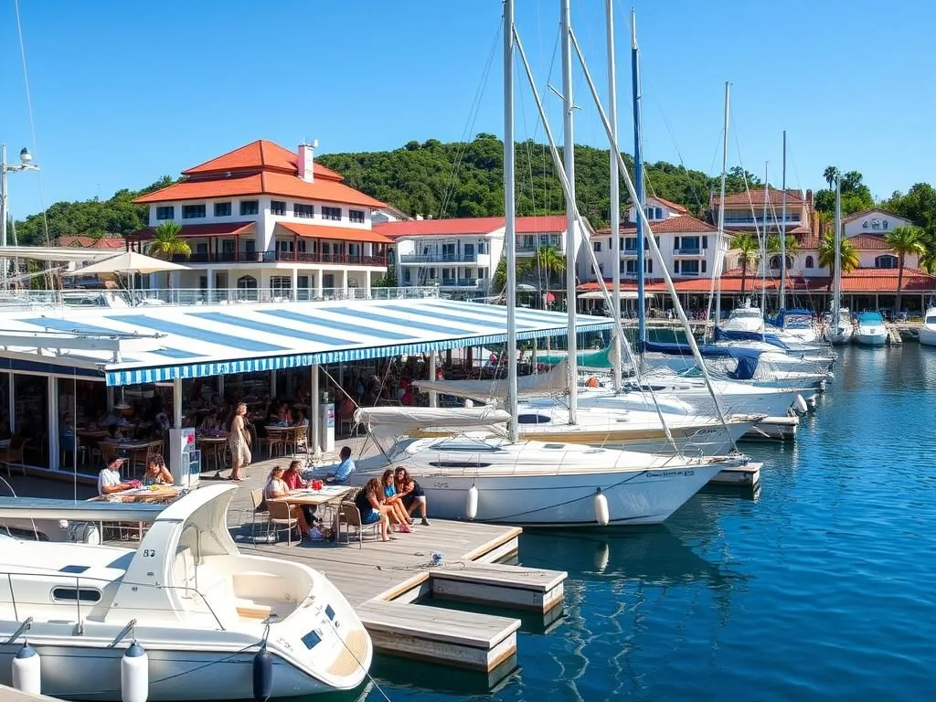 Upscale marina in Saint-François with restaurants and boats
