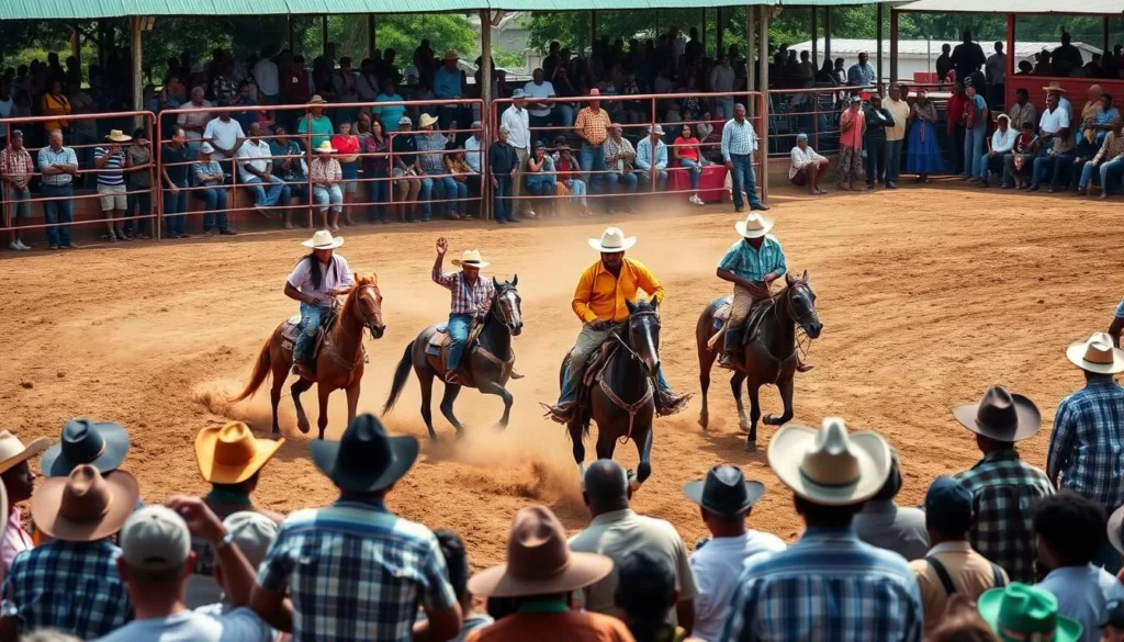 Vaqueros (cowboys) competing at the Rupununi Rodeo with spectators watching the traditional events