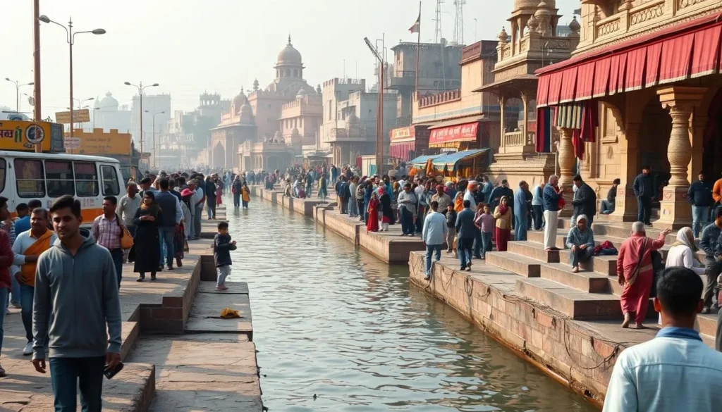 Varanasi during winter season showing pleasant weather with tourists exploring the ghats along the Ganges River