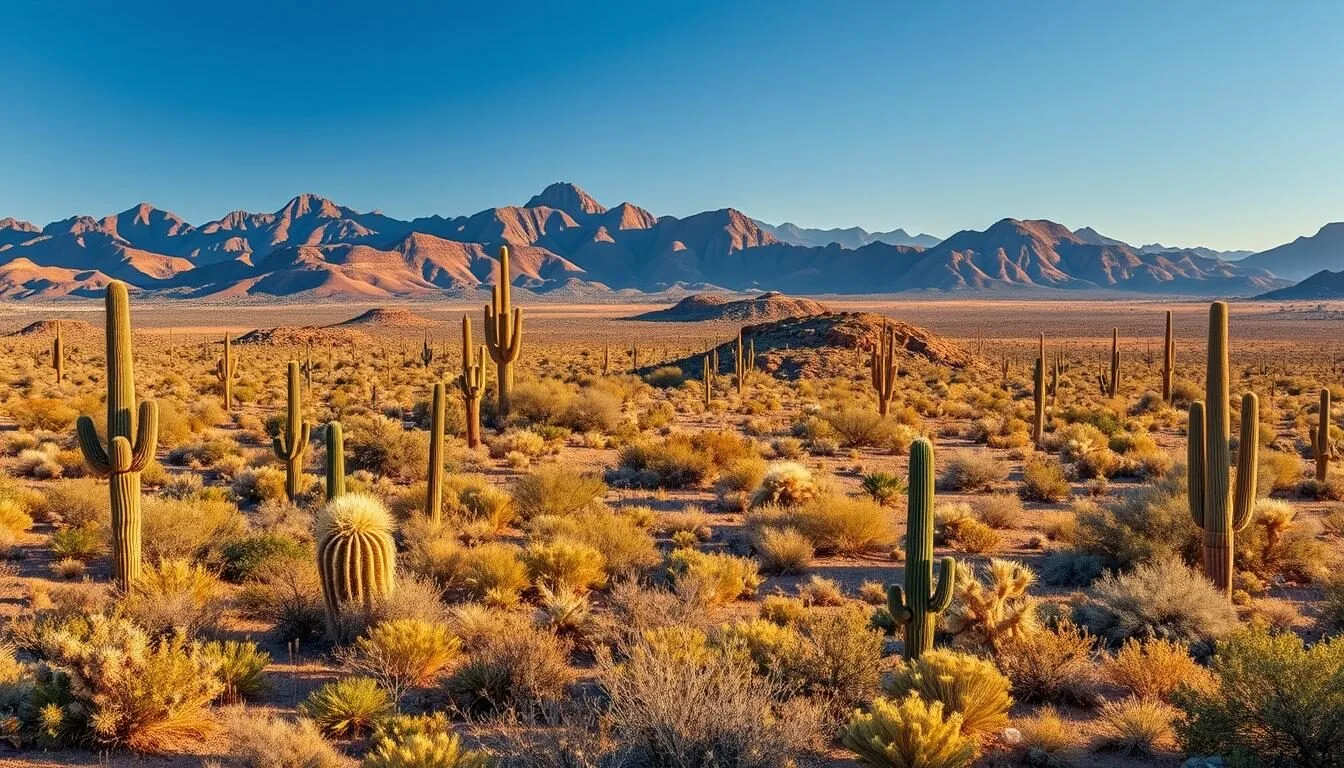Vast landscape of Cabeza Prieta National Wildlife Refuge showing diverse Sonoran Desert terrain with mountains in the background and blooming cacti in the foreground