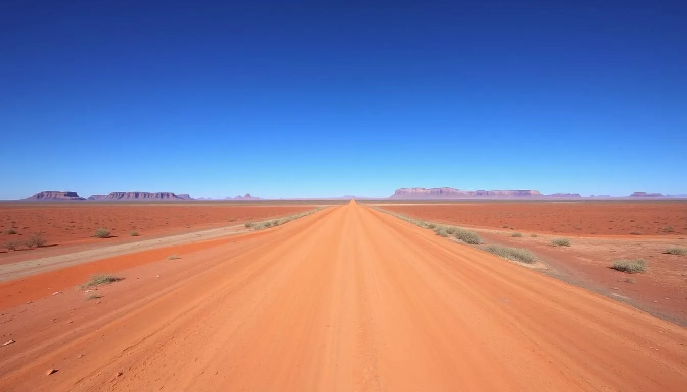Vast landscape view of the Oodnadatta Track stretching through red earth with mountains in the distance