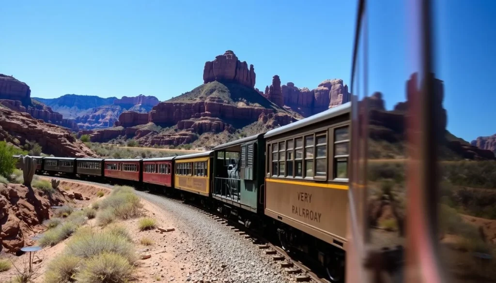 Verde Canyon Railroad train passing through scenic canyon landscape