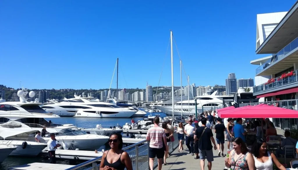 Viaduct Harbour with restaurants and yachts on a sunny day