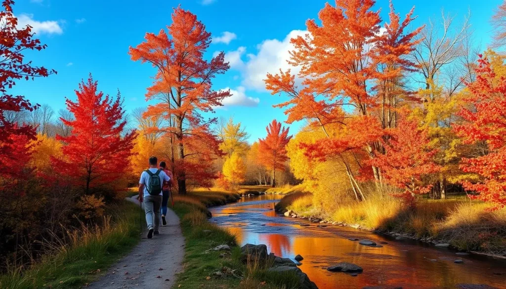 Vibrant autumn colors along Oil Creek with hikers enjoying the trail