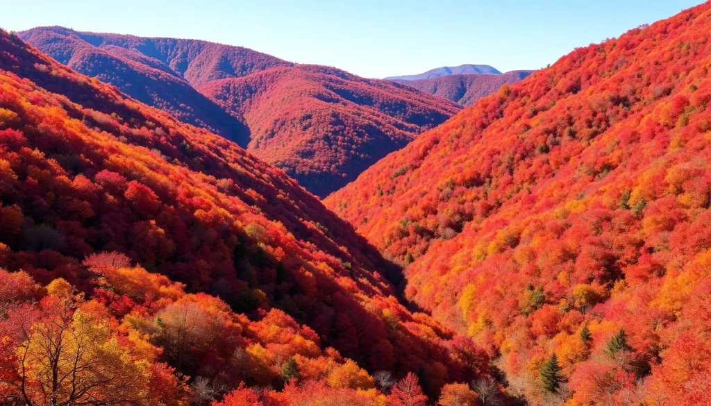 Vibrant autumn foliage in the Appalachian Mountains of Pennsylvania with red and orange leaves