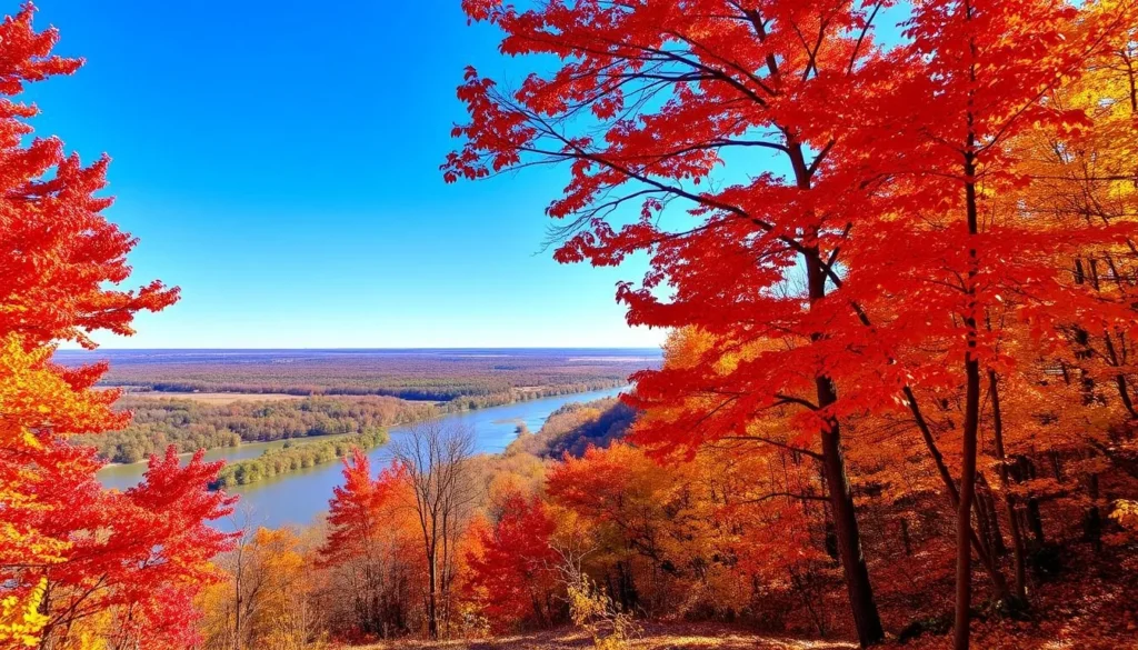 Vibrant fall foliage at Mississippi Palisades Nature Preserve with colorful trees and scenic overlook of the Mississippi River