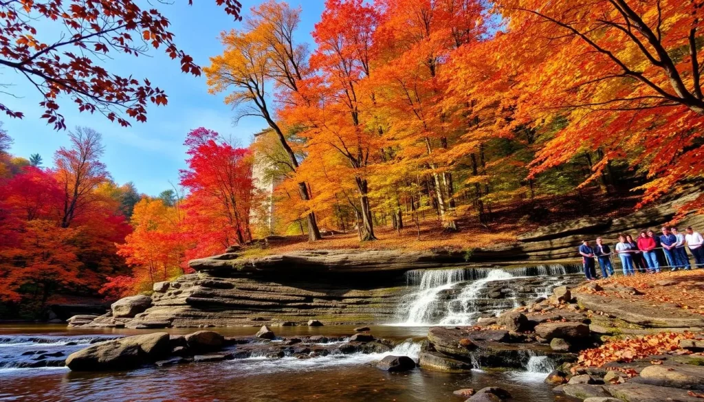 Vibrant fall foliage surrounding a waterfall at Ohiopyle State Park