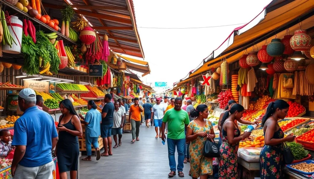 Vibrant market scene at Marché de Cayes with colorful produce and crafts