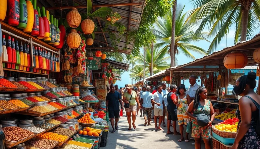 Vibrant spice market in Pointe-à-Pitre with colorful displays and local vendors