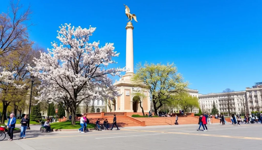 Victory Square in Minsk during spring with blooming trees and visitors enjoying the sunny weather