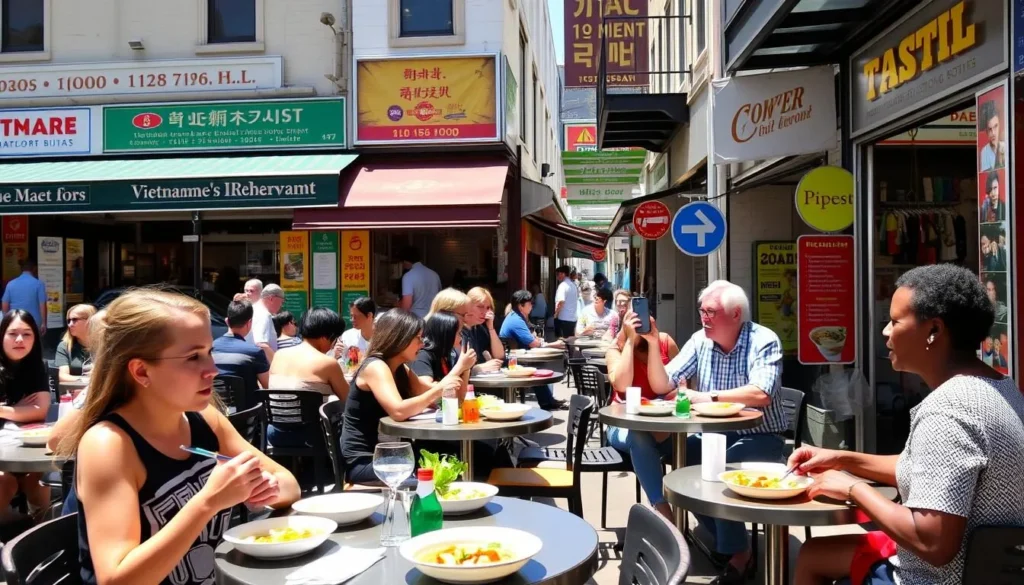 Vietnamese restaurants on Victoria Street in Richmond with diverse diners enjoying authentic cuisine Vietnamese restaurants on Victoria Street in Richmond with diverse diners enjoying authentic cuisine